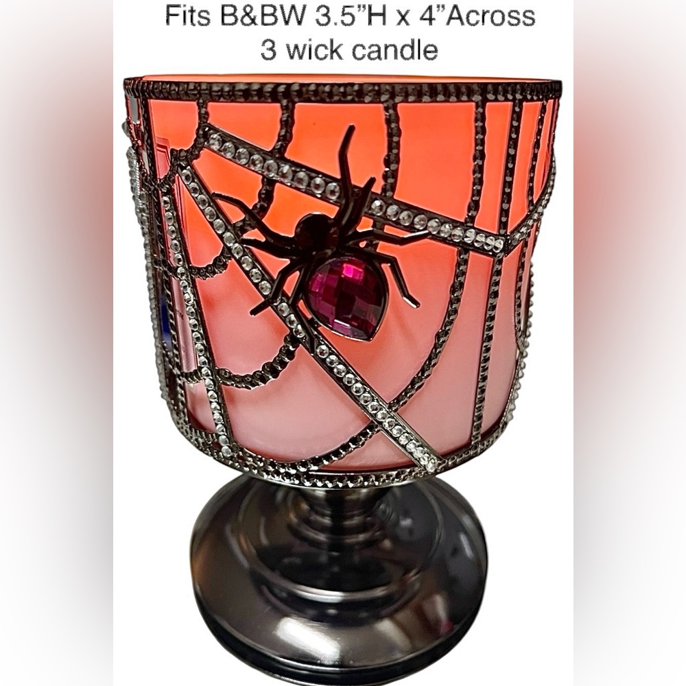 Bath & Body Works NEW Crystal Spider Web Candle Holder Fuschia Jeweled Spider